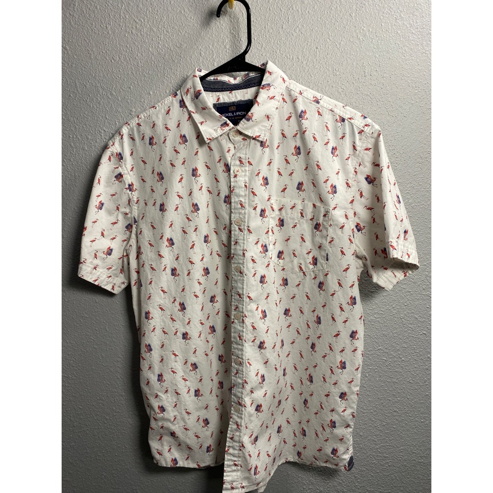 Nickel & Iron Mens‎ Large White Bird Print Short Sleeve Button Down Shirt Cotton
